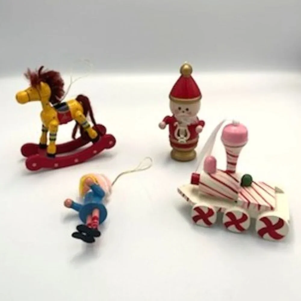 Vtg Wood Christmas‎ Ornaments Hand Painted Santa Train Girl Doll Rocking Horse